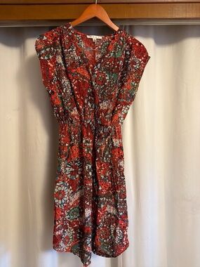 CAbi Red Floral Midi Dress with V-Neck